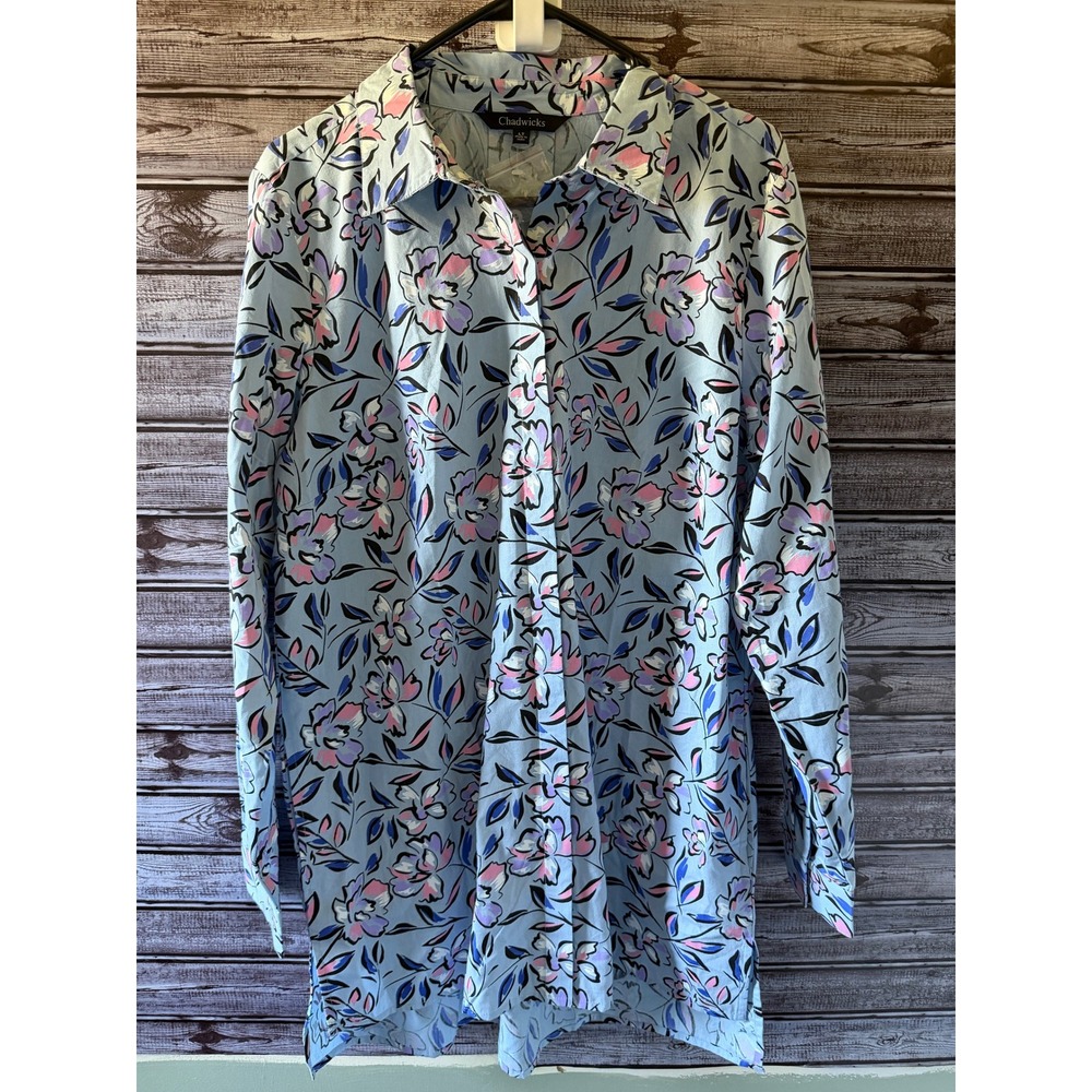 Chadwicks Women's Long-Sleeved Button-Down Tunic Top  L Tall Floral Pockets NWOT